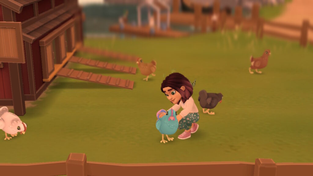 Tara petting a magical chicken.