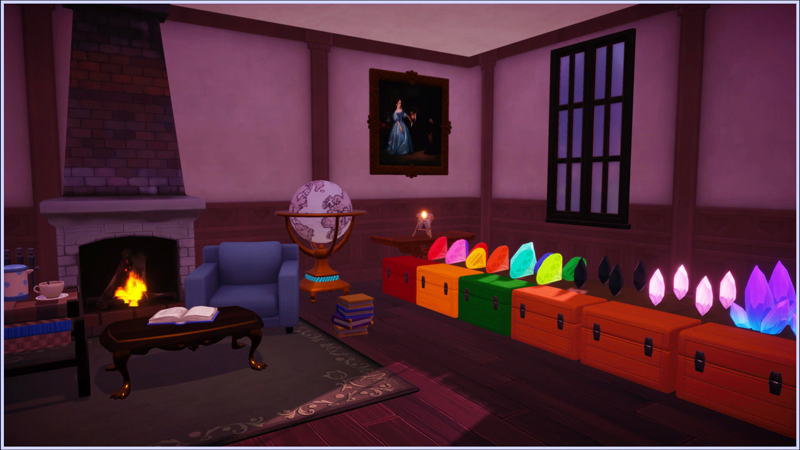 My gem storage room in Disney Drreamlight Valley with gems sat on a table behind chests and a cozy office with globe and blue armchair beside a fire.