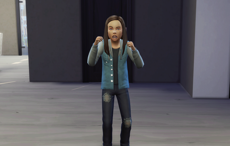 A Sims child with long brown hair looking angry.