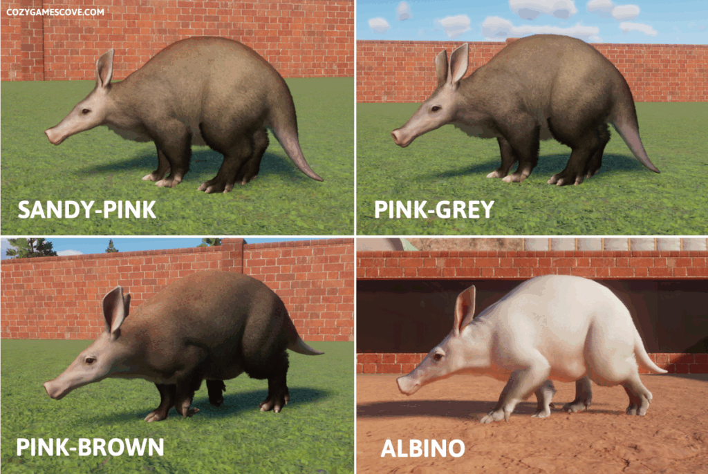 Aadvark colours in planet zoo, including a rare albino varient