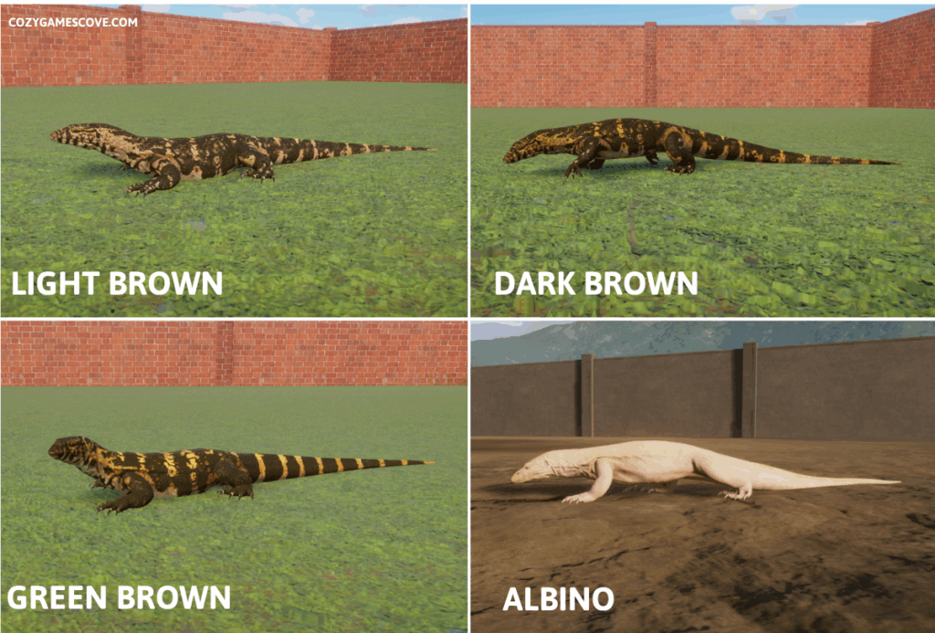 Nile monitor colours in planet zoo including a special albino variant. 