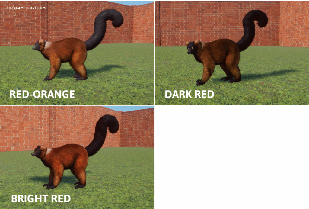 The shades of red ruffed lemurs in Planet Zoo.
