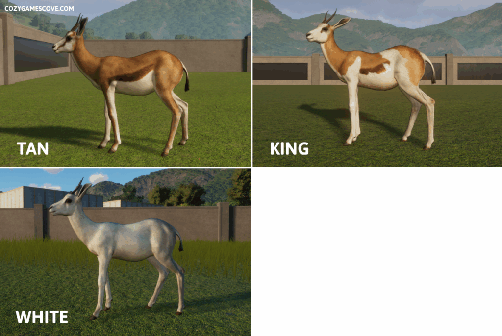 Springbok colours in planet zoo including king and white coats. 