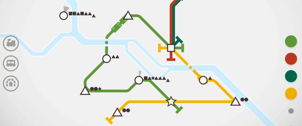 A screenshot of Mini Metro puzzle game on Apple Arcade with connecting stations.