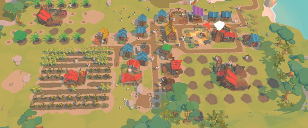 A small town in puzzle game Outlanders 2 on Apple Arcade, featuring a farm and small houses.