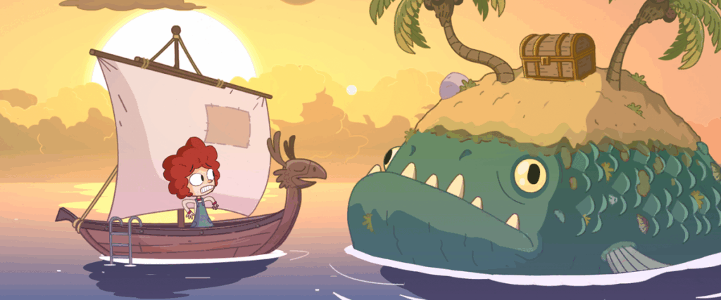 A still of the puzzle game Lost in Play showing a young girl on a boat beside a large fish.