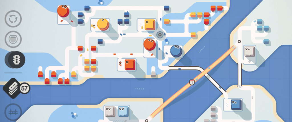 Mini Metro puzzle game on Apple arcase showing buildings and connected roads.\