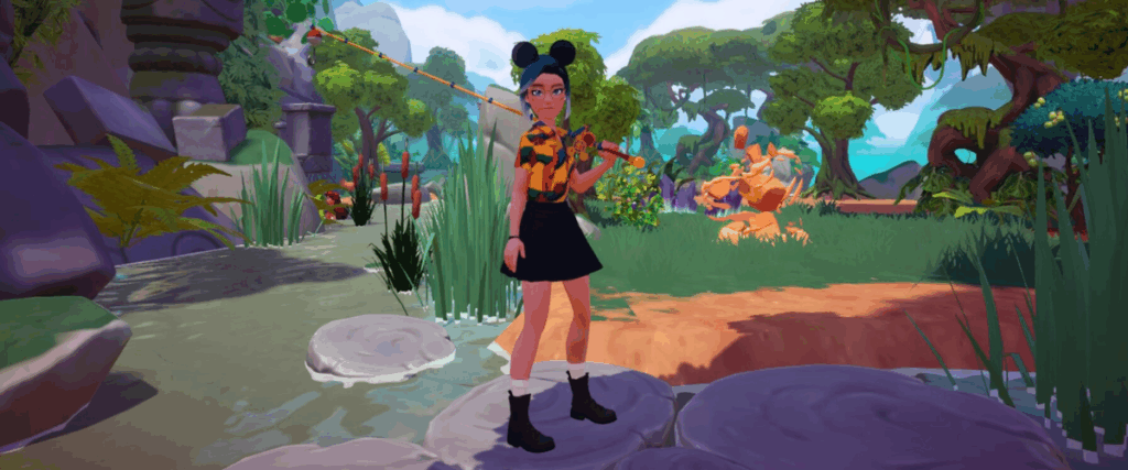 Disney Dreamlight Valley character stood beside a pond with a fishing rod.