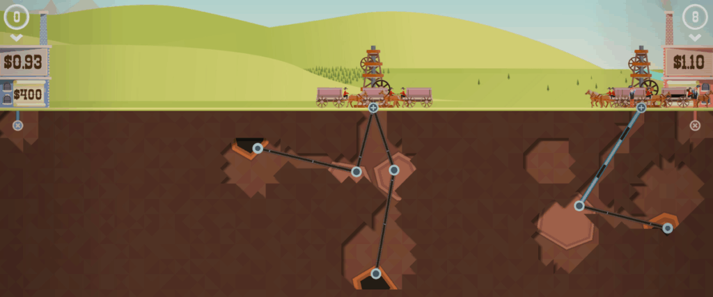 An image showing the game Turmoil, with oil rigs drilling down into the ground and collecting oil.
