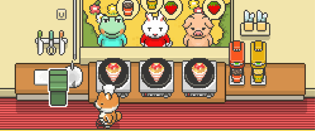 Food Truck Pup screenshot showing dog making crepes for animal customers in cozy mobile game.