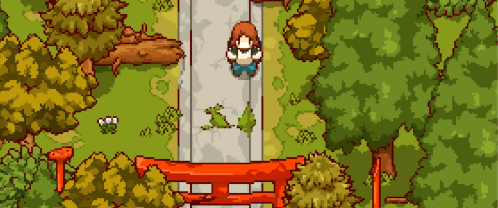 A screenshot from the cozy game Japanese Rural Life on Apple Arcade showing a pizelated character on a pathway surrounded by trees.