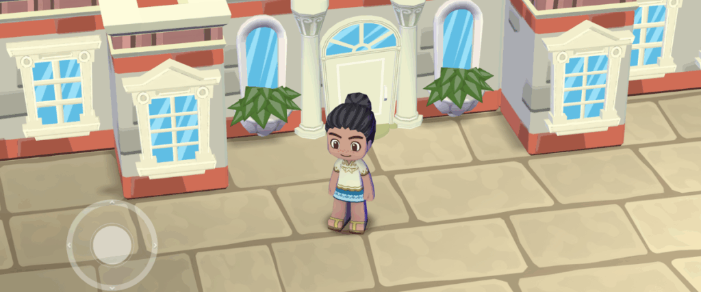MySims character stood in front of the town hall on Apple Arcade.