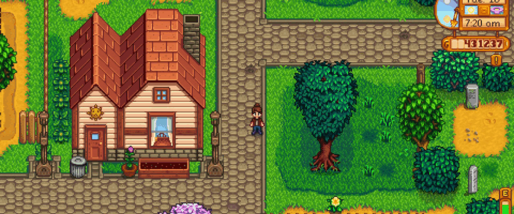 A screenshot of Stardew Valley with pizelatec character stood on a pathway.