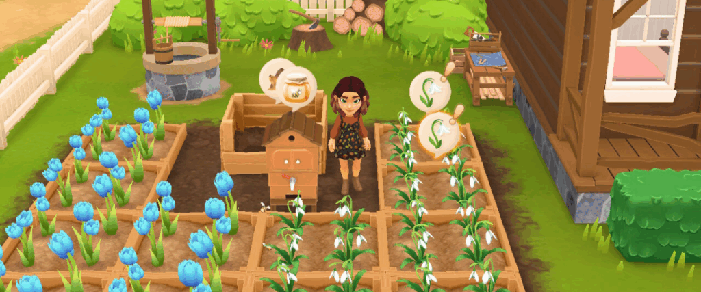 An image of Tara from cozy game Wylde Flowers, stood next to a beehive and surrounded by flowers.