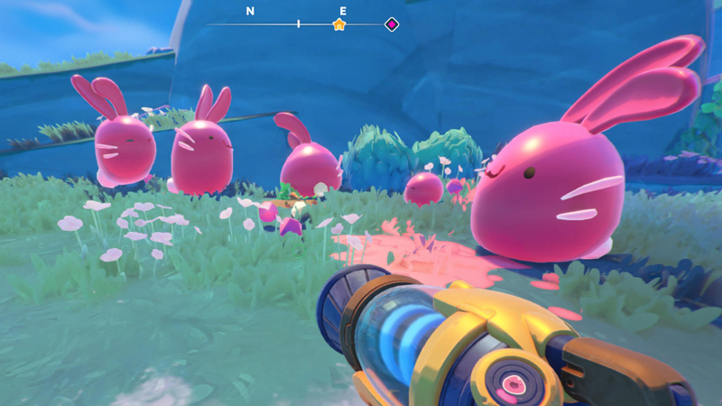 Pink cotton slimes in Slime Rancher 2 with the appearance of rabbits.